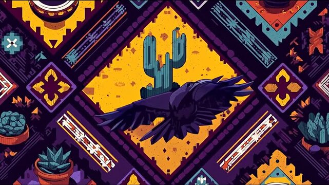 Southwest graphic design with cactus, raven, potted plants, and geometric shapes