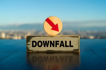 Symbolic representation of a financial downfall or economic decline with a downward arrow on a wooden block labeled downfall against a blurred cityscape background