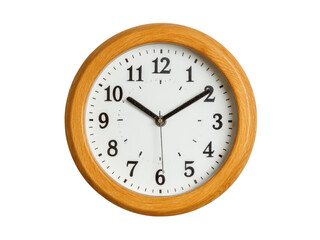 Simple wooden wall clock showing the time, Isolated On White Background, Png Transparent