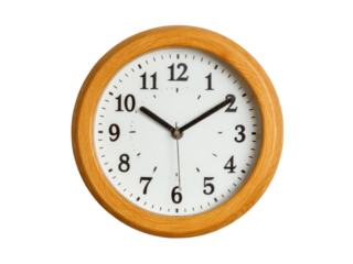 Simple wooden wall clock showing the time, Isolated On White Background, Png Transparent