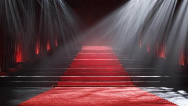 A grand red-carpet staircase bathed in spotlights, leading up to a stage.