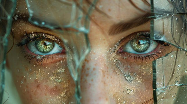 Close-up of a woman's face with cracked glass, looking directly at the camera with green eyes, freckles and golden glitter.