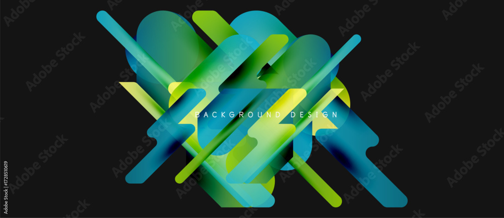 Poster abstract geometric shapes overlap, creating vibrant green, blue gradients. dark background emphasize