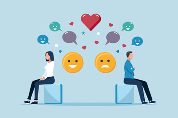 Couple with contrasting emotions and communication bubbles showing different feelings and relationship dynamics