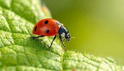 Obraz premium Macro shot of a ladybug walking on a leaf, sharp textures and natural contrast