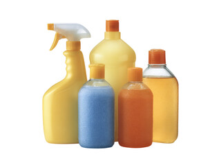 Assorted cleaning products bottles yellow orange blue, Isolated On White Background, Png Transparent