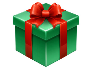 Green gift box with red ribbon festive present holiday surprise, Isolated On White Background, Png Transparent