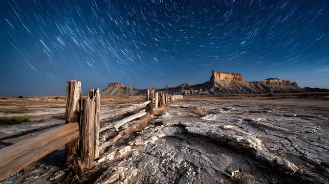 Star trails spin over desert sands with glowing crystals and dark mesas at night