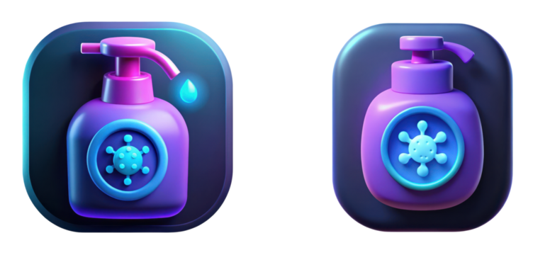 High quality digital illustration of a purple dispenser bottle with a droplet isolated on transparent background - Powered by Adobe