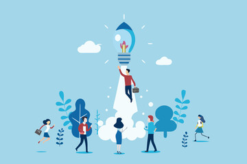 Man flying into a lightbulb rocket with a team of people watching and supporting his innovative idea