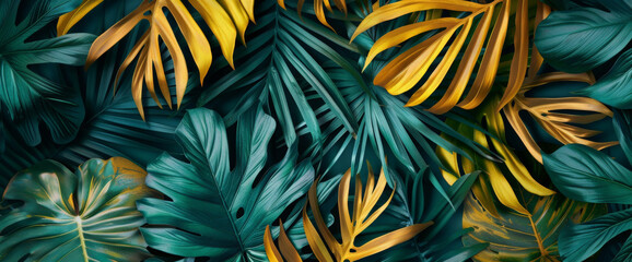 Fototapeta premium A vibrant arrangement of tropical leaves in various shades of green and yellow, creating a lush backdrop that evokes a sense of nature and tranquility, ideal for design projects