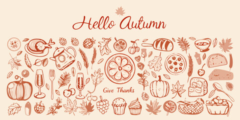 Hello autumn give thanks hand drawn illustration featuring pumpkins leaves food and drinks