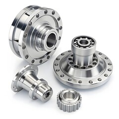 A studio shot of four shiny metal machine parts with bearings on a plain white background surface