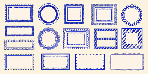 Collection of hand drawn blue decorative borders and frames on a light background