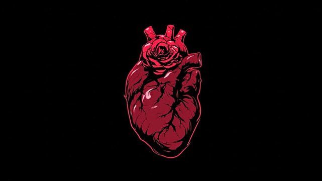 Stylized anatomical heart with a rose on top, red lines against a black background