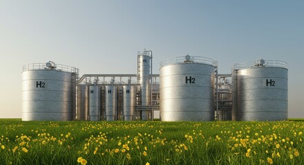 Industrial Hydrogen Storage Tanks Surrounded by Lush Green Field and Yellow Flowers under Clear Blue Sky