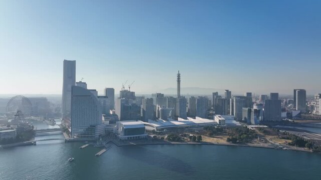 city, harbor, bay, drone, aerial view, perspective, ocean, society, blue sky, copy space, bird eye view, panorama, high angle, landscape, scenery, view, seen from above, overlooking, modern, urban, ja