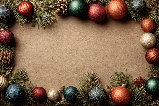 christmas frame radiates joyful warmth with festive ornaments and lush greenery for holiday cheer