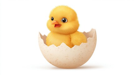 Adorable, fluffy yellow chick emerging from a cracked, speckled eggshell