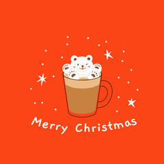 Christmas and Happy New Year greeting card. Mug and cup of hot coffee, punch, cacao with whipped cream, marshmallow and candy cane. Poster or cover design for Xmas, New year or winter holidays