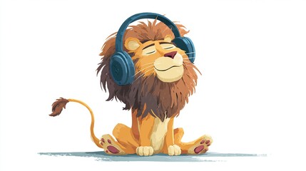 A cartoon lion with a serene expression sits cross-legged, wearing oversized blue headphones, eyes closed, enjoying music against a white background. Its 
