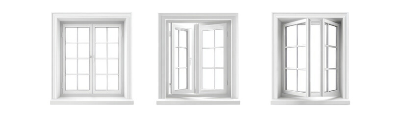 Three White Window Frames with Glass Panes Set Against a Plain White Background
