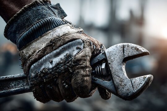Grip a worker's gloved hand holding a hefty wrench showing power and protection.