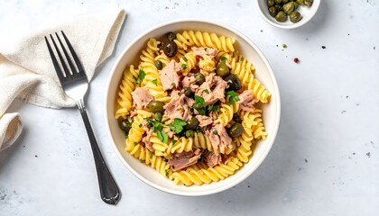 Classic Tuna Pasta Salad with fusilli, briny capers, and green olives, perfect for a quick and light lunch.