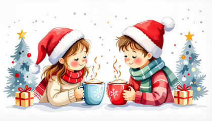 Children enjoying hot cocoa together during Christmas season  