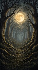 Dark forest path with full moon fantasy landscape digital art background image