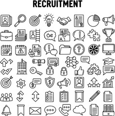 Recruitment and Hiring Icons Set. Outline symbols for job search, human resources, business, career development, and employment. Talent acquisition line art collection.