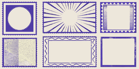 Obraz premium Collection of six unique vintage style blue postage stamp frames with textured borders and empty space for text
