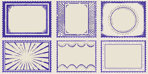 Collection of six unique vintage blue postage stamp borders and frames on a light beige background