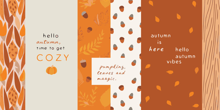 Cozy autumn vibes with pumpkins leaves and acorns illustration