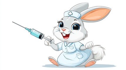 A cute cartoon bunny, dressed as a nurse, happily holds a syringe, against a white background