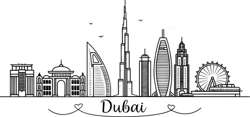 Dubai Skyline Vector Illustration Hand Drawn | Architectural Cityscape Art for Posters, Prints, Branding, Website Design