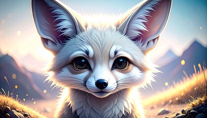 A charming Fennec fox with large ears gazes forward in a dreamy, sunlit desert scene.