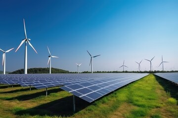 Wind Turbines and Solar Panels - Sustainable Energy Landscape Under a Clear Blue Sky.