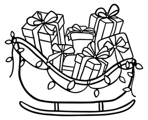 Outline Cartoon Sleigh Filled With Christmas Gifts Doodle Style