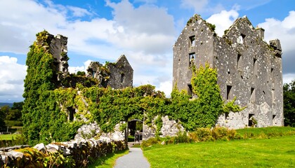 Ruined stone castle overgrown with plants