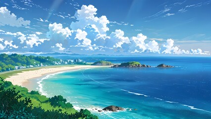 エメラルドグリーンの海と白い砂浜と青い空