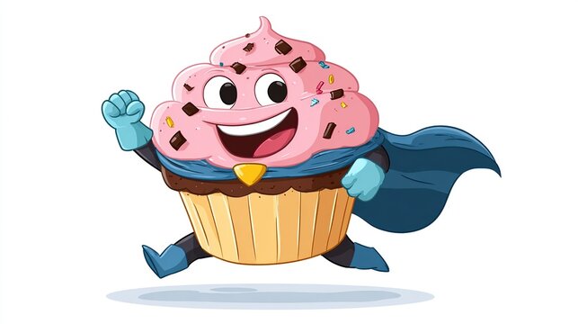 A super cupcake character, wearing a cape, runs with a happy expression, showing off a fist and superhero-style running posture