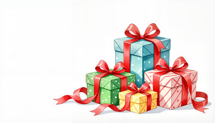Wrapped gifts in colorful boxes with ribbons on white background  