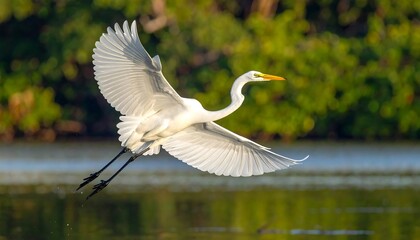 Majestic egret soaring over tranquil waters