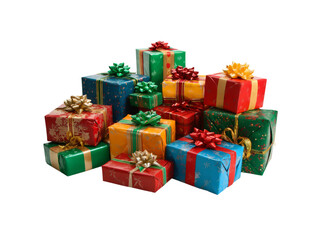 Colorful wrapped christmas presents gift pile holiday season, Isolated On White Background, Png Transparent