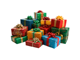 Colorful wrapped christmas presents gift pile holiday season, Isolated On White Background, Png Transparent