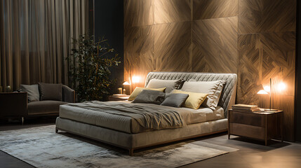 Luxurious bedroom interior with a comfortable bed, stylish furniture, and warm lighting