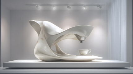 Artistic espresso machine sculpture with coffee cup
