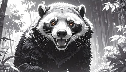 Obraz premium Close-up of a raccoon with glowing eyes, seemingly smiling, set in a lush forest.