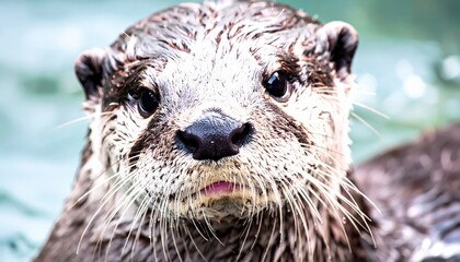 Close-up portrait captures an otter's wet fur and inquisitive gaze near the water's edge.